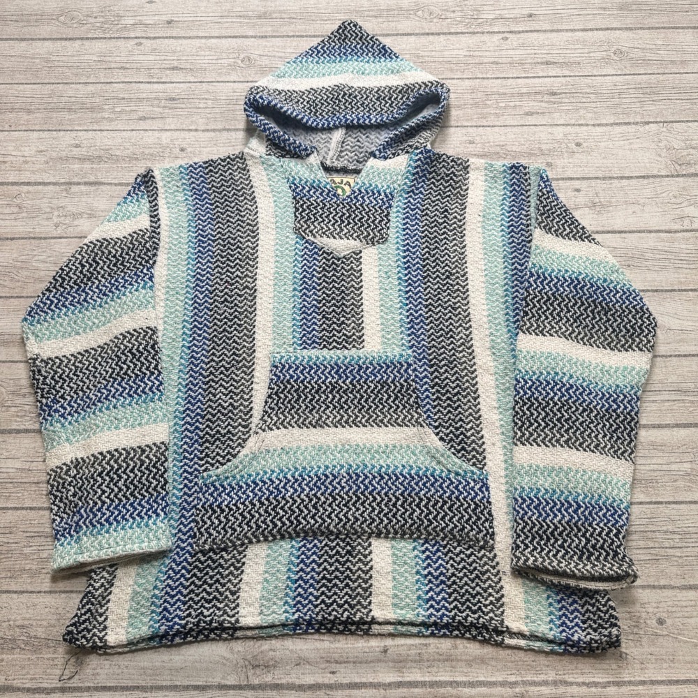 Baja Joe Hoodie Men's XL Striped Woven Mexican Drug Rug Surfer Hippie Pullover